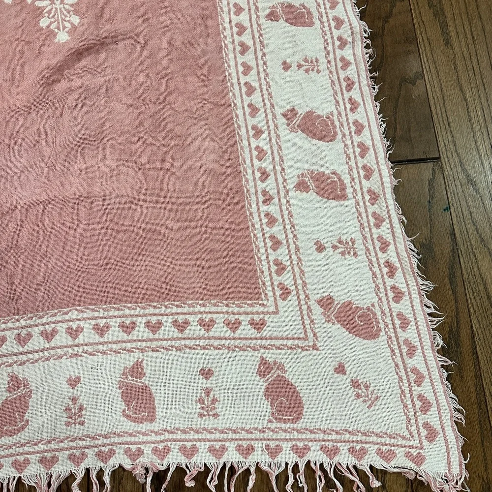 Pink and White Kitty Cat Throw Blanket 68x43” Fair Condition with Flaws